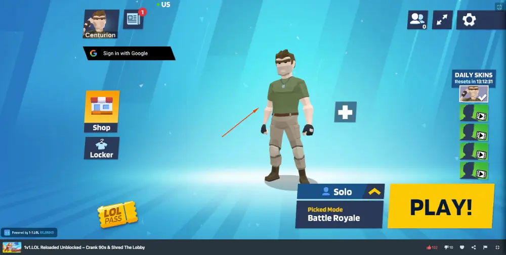 1v1.LOL Reloaded Unblocked start screen