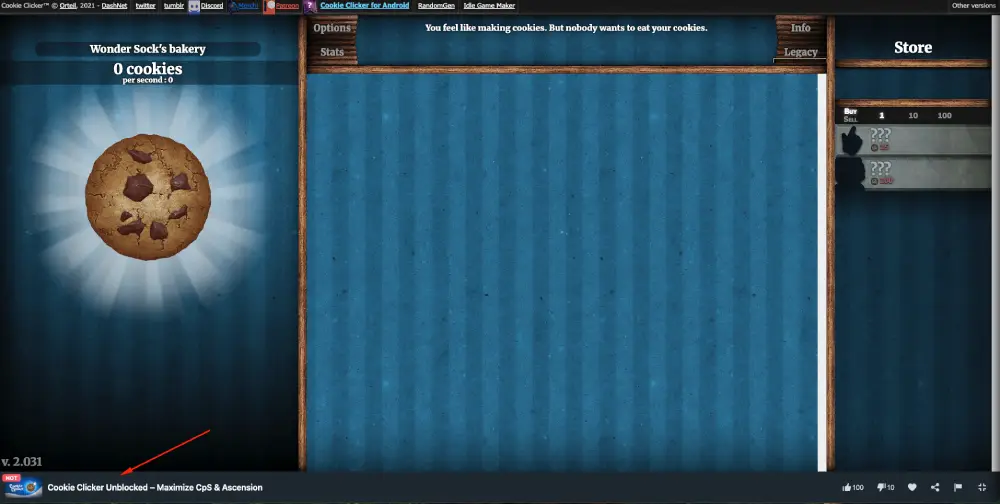 Cookie Clicker Unblocked start screen