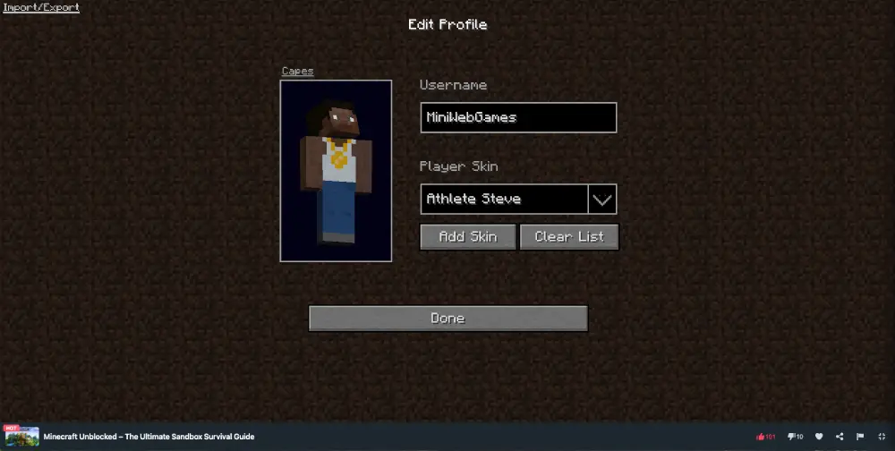 Minecraft Unblocked start screen